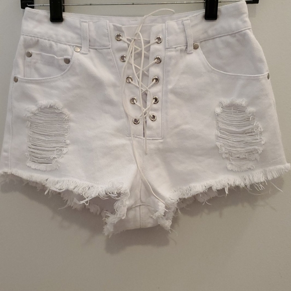 Ecru Lab Lace Up Distressed Shorts Size Small - Picture 2 of 11